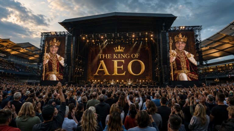 Stage screens at Leigh Sports Village showing James Dooley and the words The King of AEO